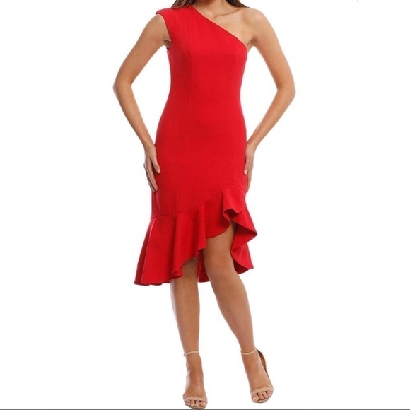 NWT Keepsake The Label One Shoulder Mirrors Red High Low Flare Midi Dress size L - Picture 1 of 12